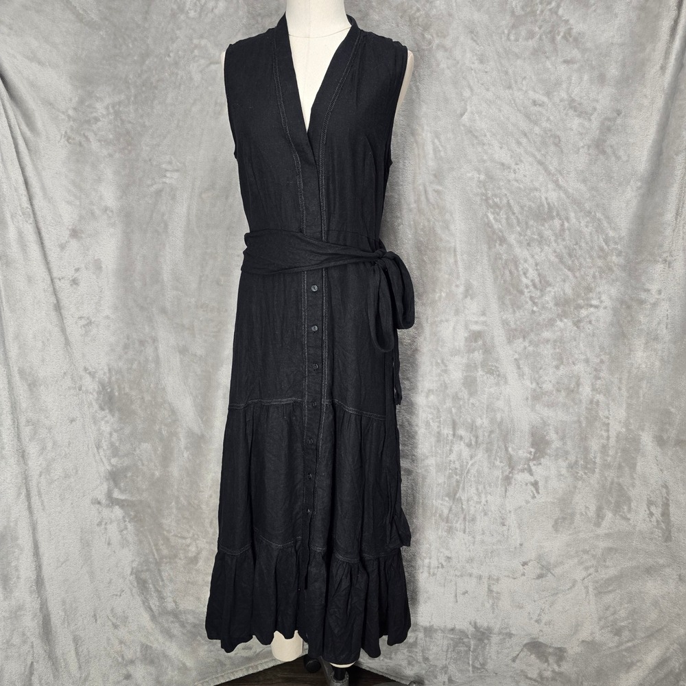 Nicole Miller Dress Women S Black Linen Blend Tiered Maxi Sleeveless Lagenlook